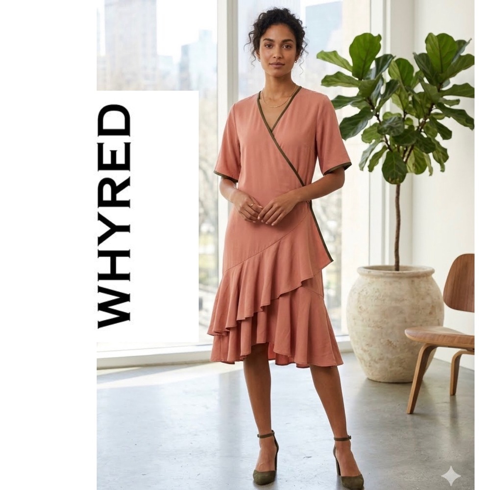 WHYRED Danica Wrap Dress Dusty Rose Pink Ruffle Hem Midi Size 38 US‎ 6/8 luxury